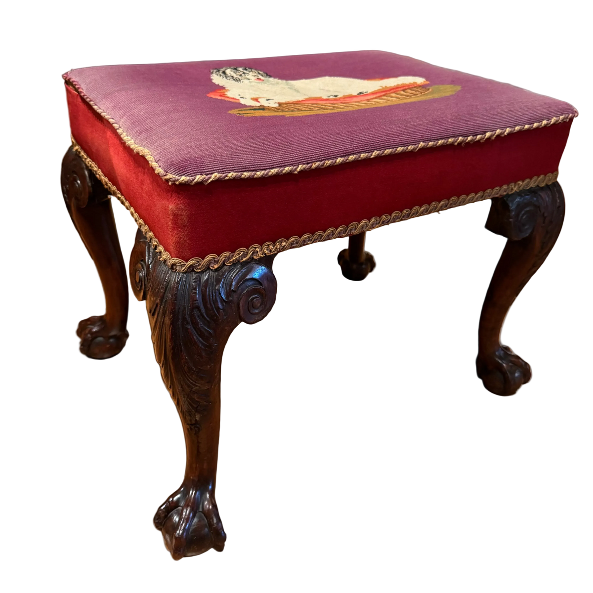 18th Century English Ottoman With Needlepoint Dog Seat