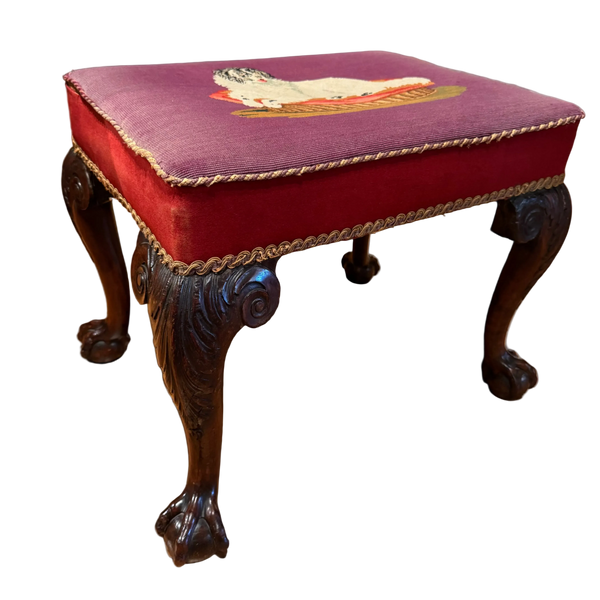 18th Century English Ottoman With Needlepoint Dog Seat