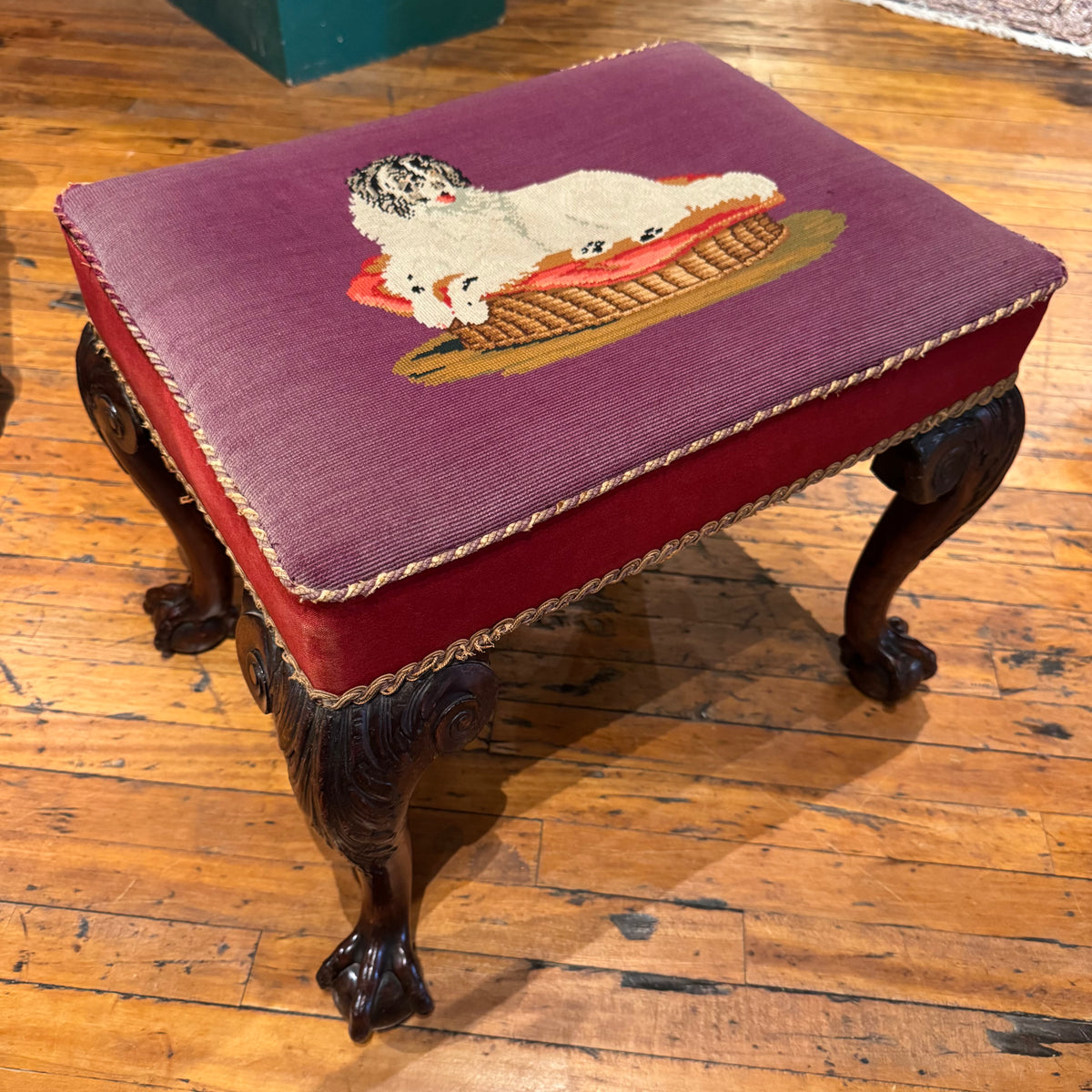 18th Century English Ottoman With Needlepoint Dog Seat