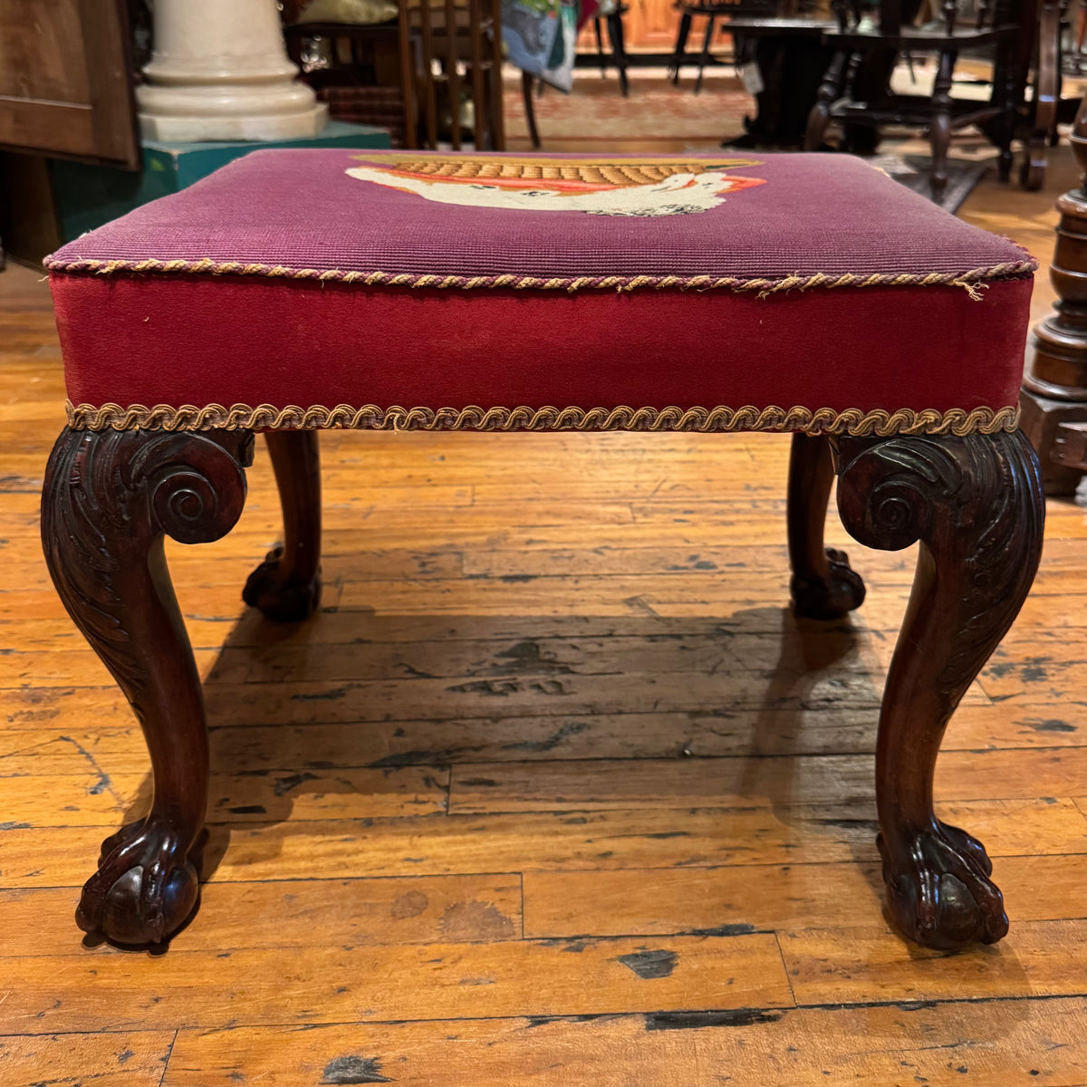 18th Century English Ottoman With Needlepoint Dog Seat