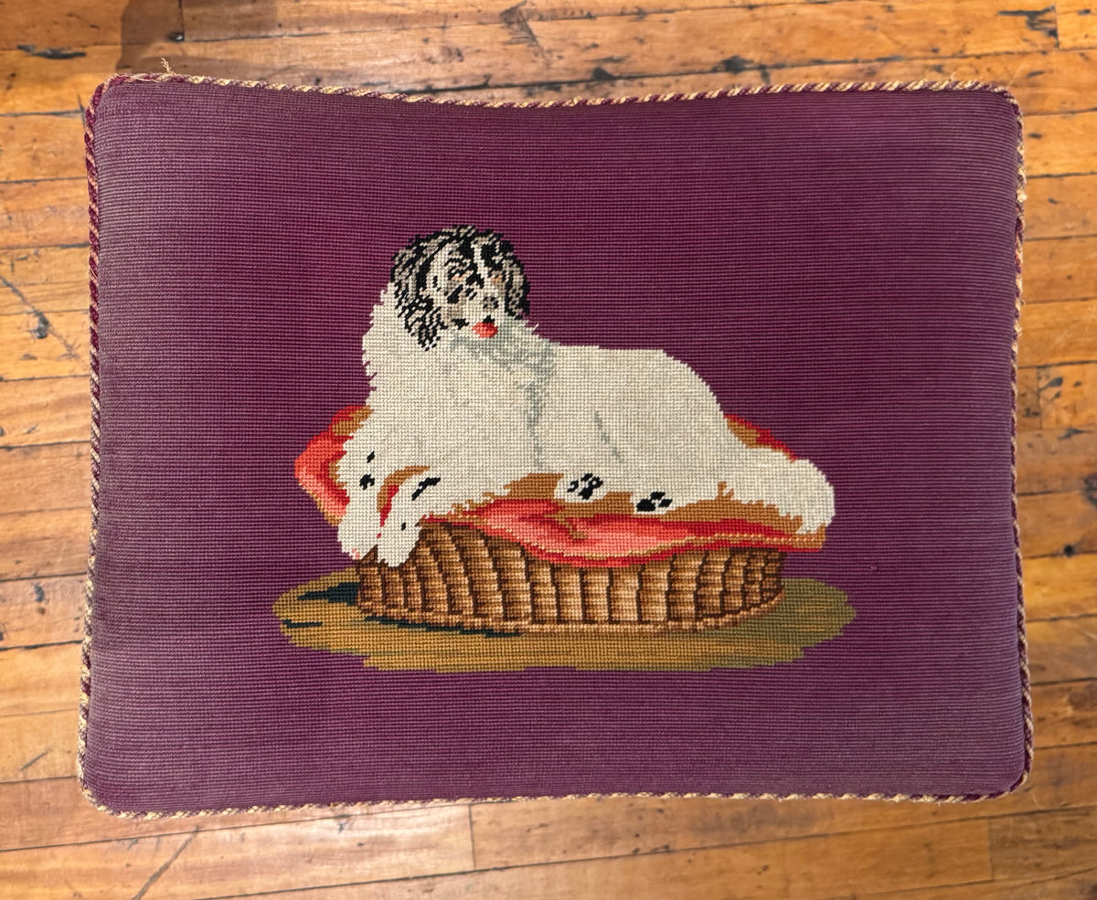 18th Century English Ottoman With Needlepoint Dog Seat