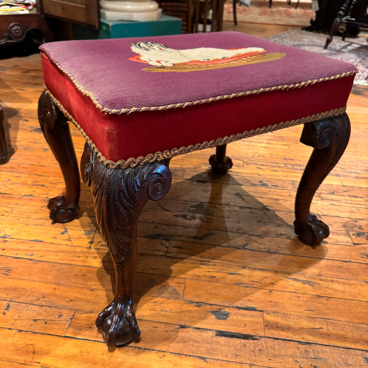 18th Century English Ottoman With Needlepoint Dog Seat