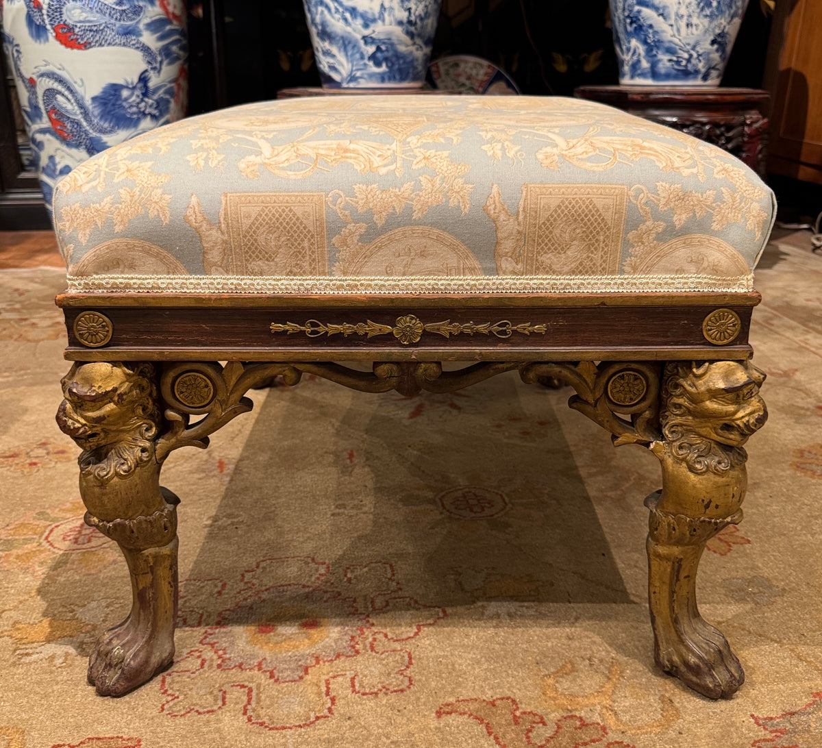 Georgian Style Upholstered Bench With Carved Giltwood Lion Head Legs
