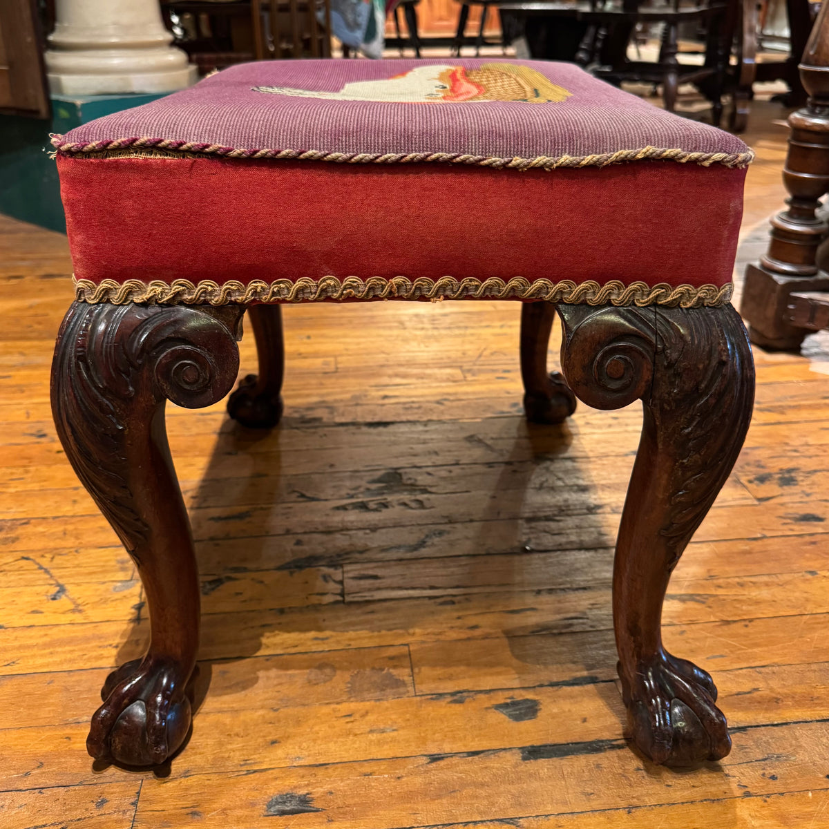 18th Century English Ottoman With Needlepoint Dog Seat