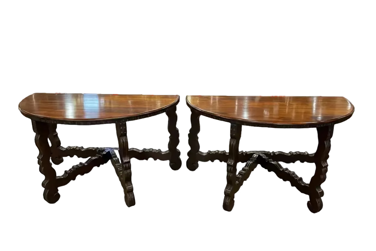 Pair 19th Century Spanish Demilune Console Tables