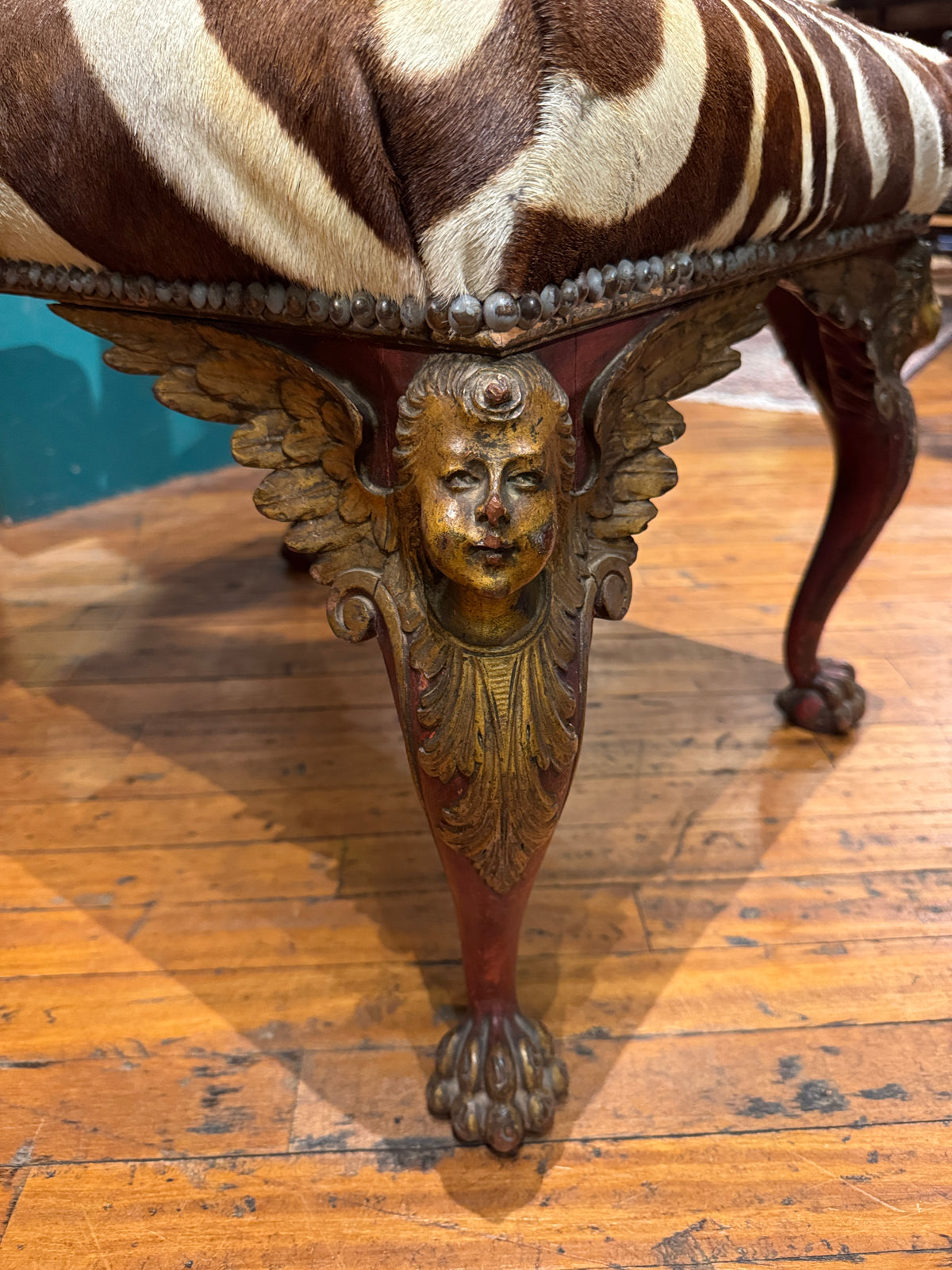 Italian Renaissance Revival Zebra Hide Ottoman