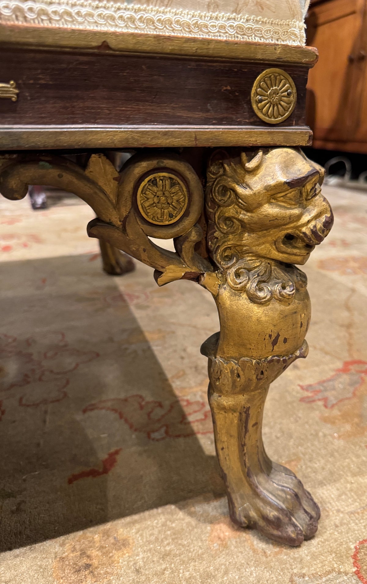 Georgian Style Upholstered Bench With Carved Giltwood Lion Head Legs
