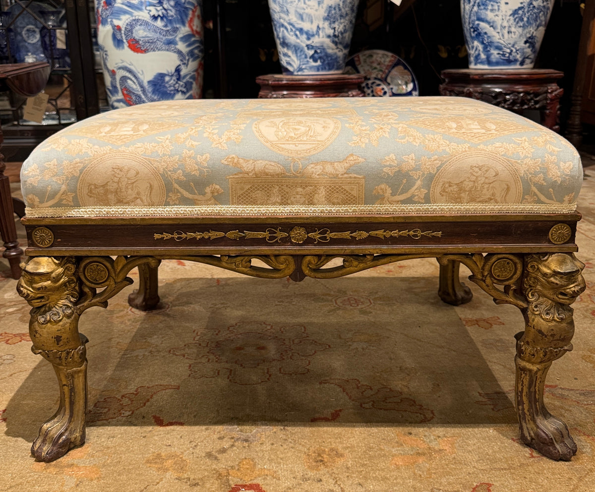 Georgian Style Upholstered Bench With Carved Giltwood Lion Head Legs