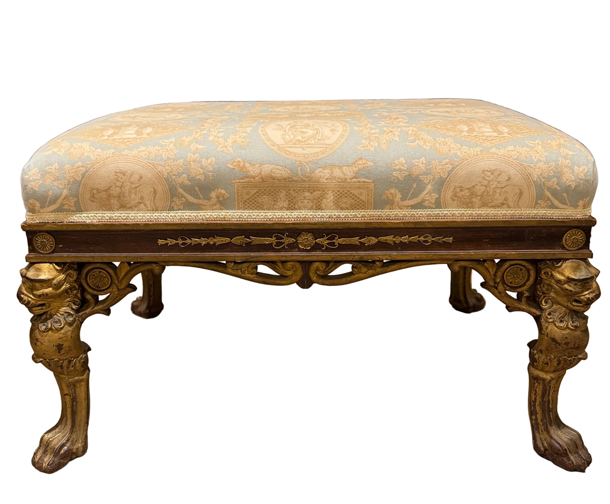 Georgian Style Upholstered Bench With Carved Giltwood Lion Head Legs