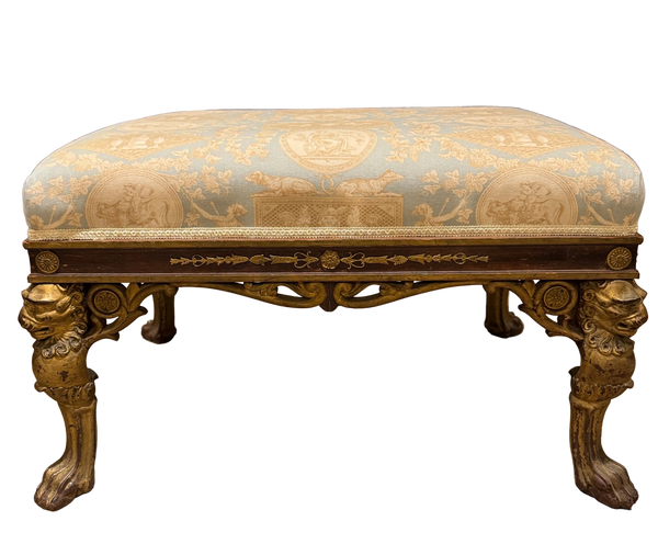 Georgian Style Upholstered Bench With Carved Giltwood Lion Head Legs