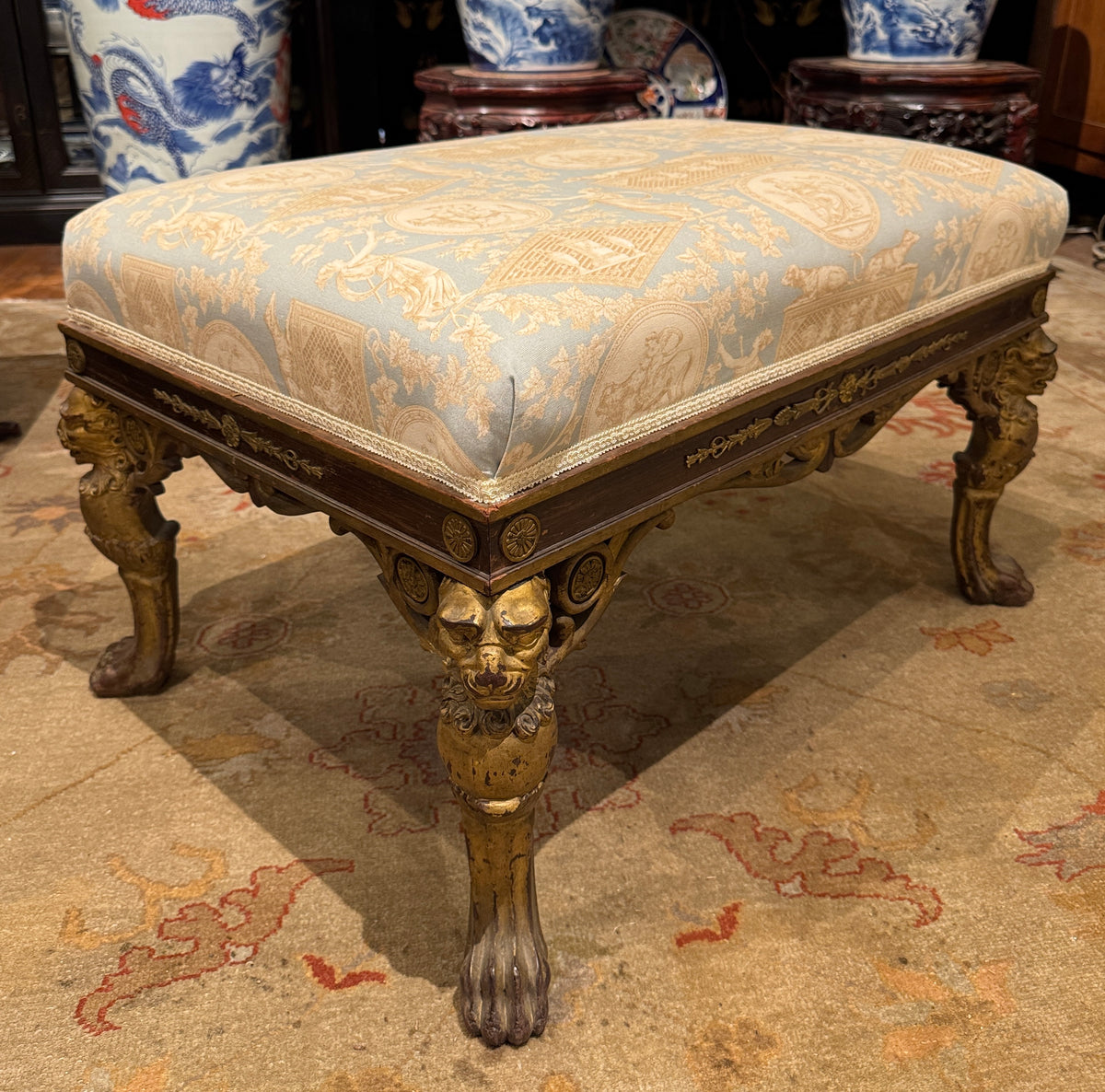 Georgian Style Upholstered Bench With Carved Giltwood Lion Head Legs