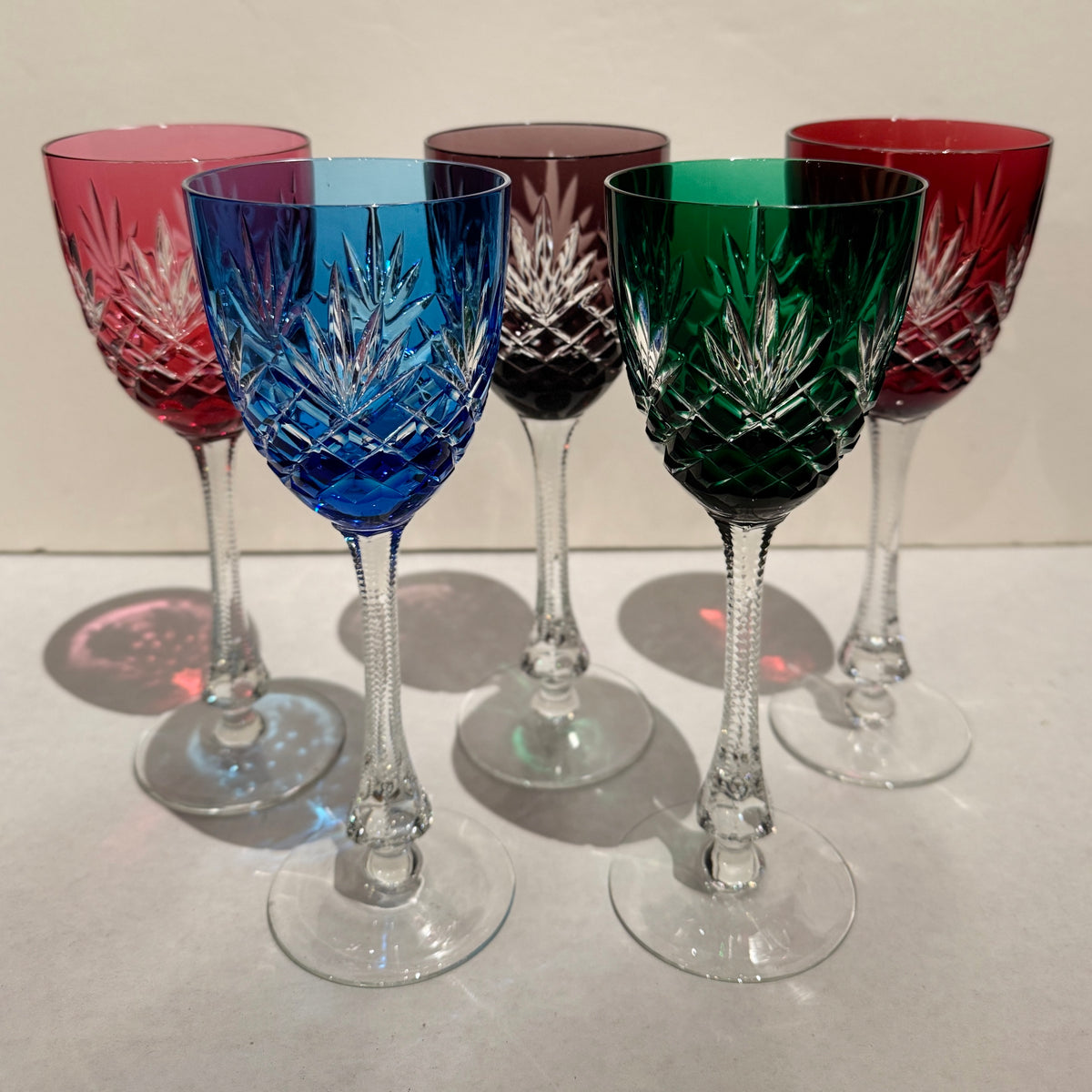 Set of 5 Bohemian Multicolor Crystal Wine Glasses