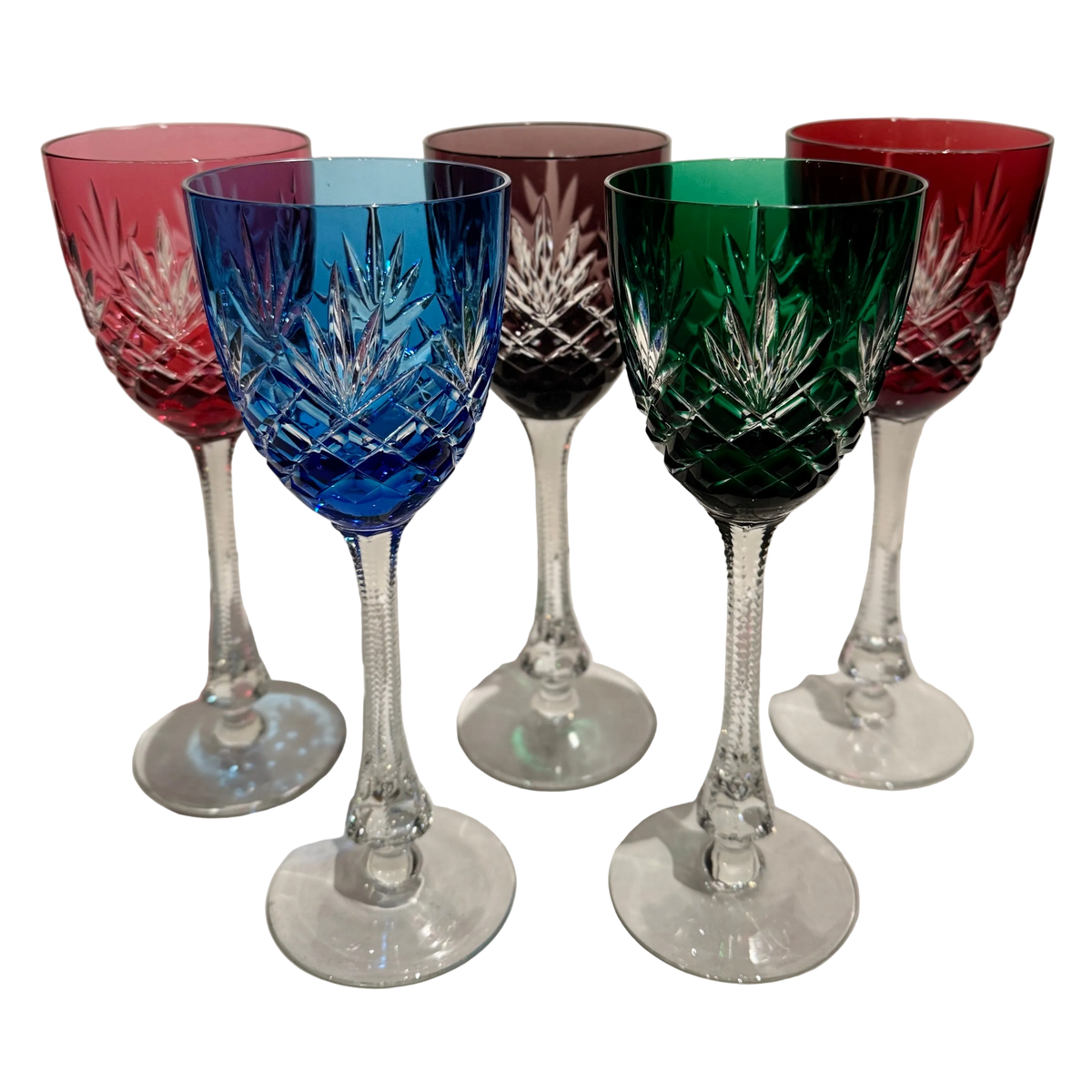 Set of 5 Bohemian Multicolor Crystal Wine Glasses