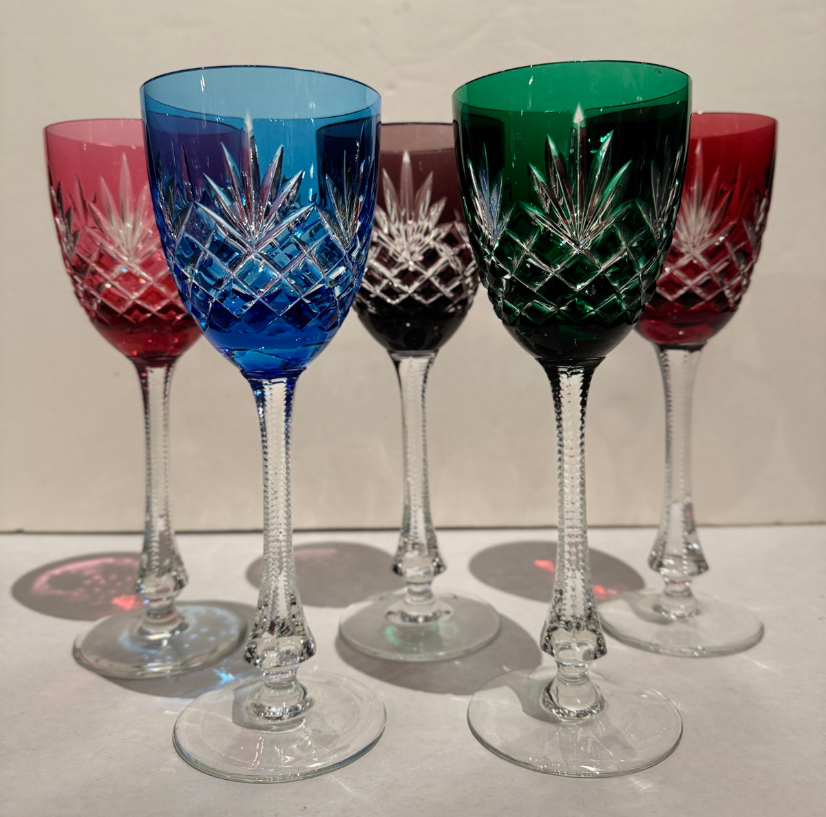 Set of 5 Bohemian Multicolor Crystal Wine Glasses