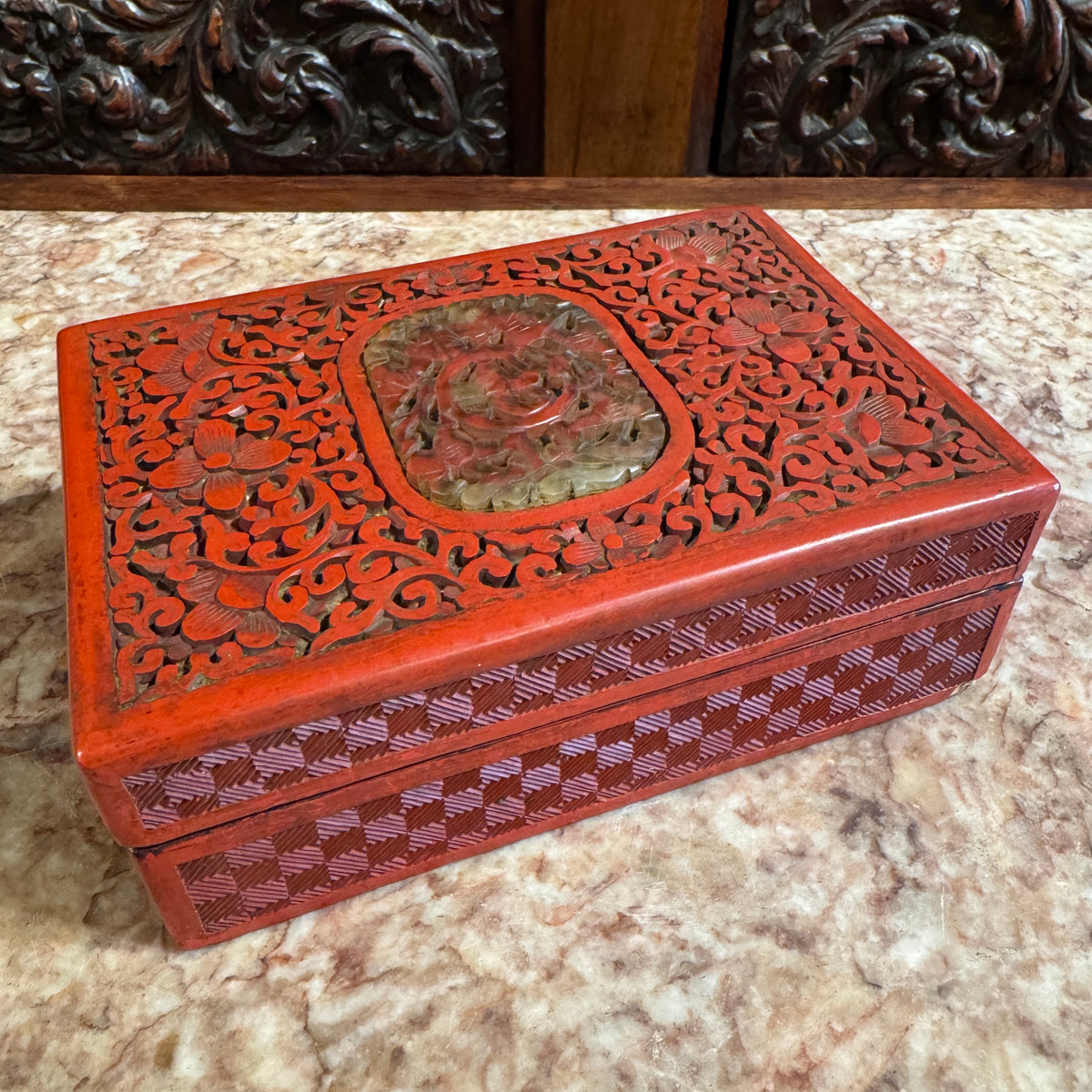 19th Century Chinese Cinnabar Box With Hardstone