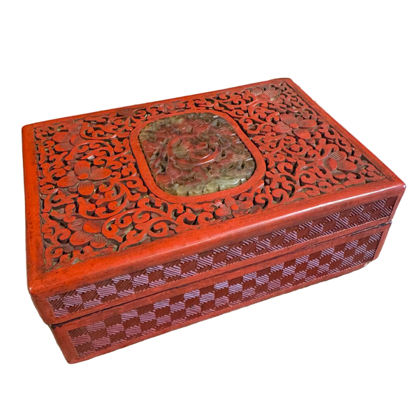 19th Century Chinese Cinnabar Box With Hardstone