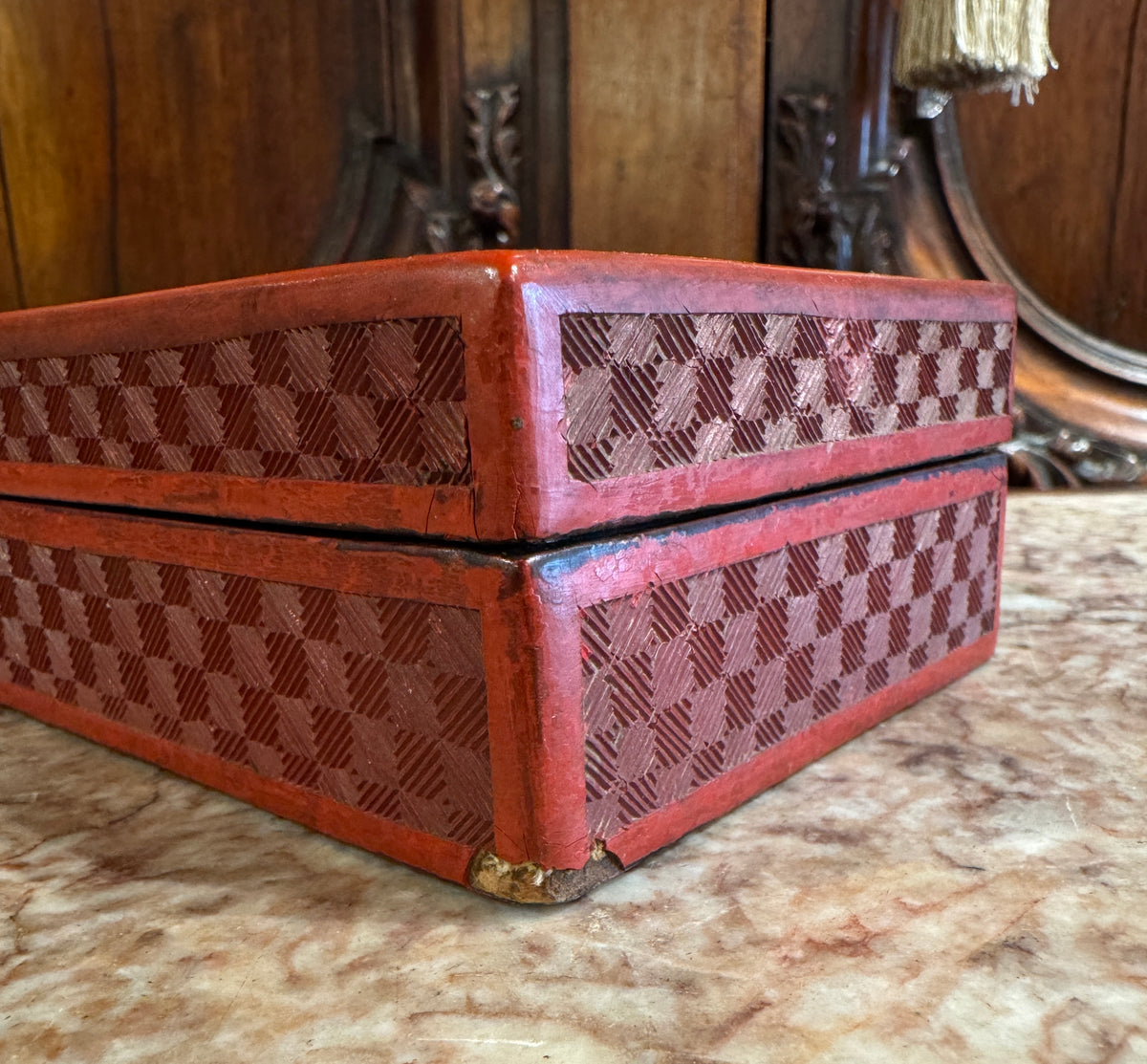 19th Century Chinese Cinnabar Box With Hardstone