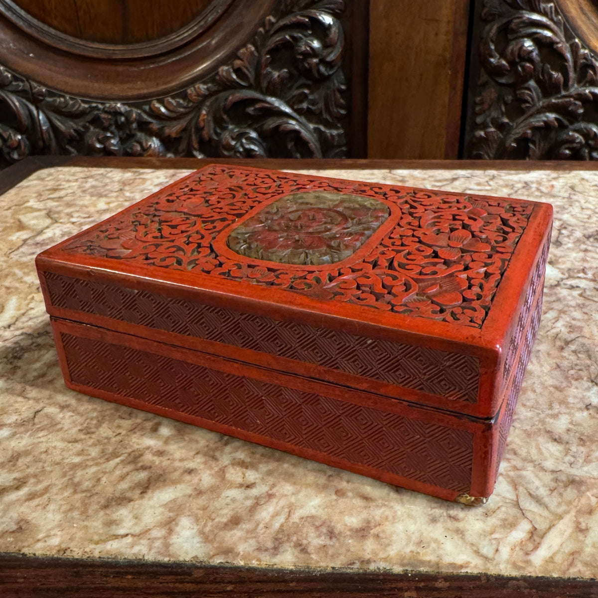19th Century Chinese Cinnabar Box With Hardstone