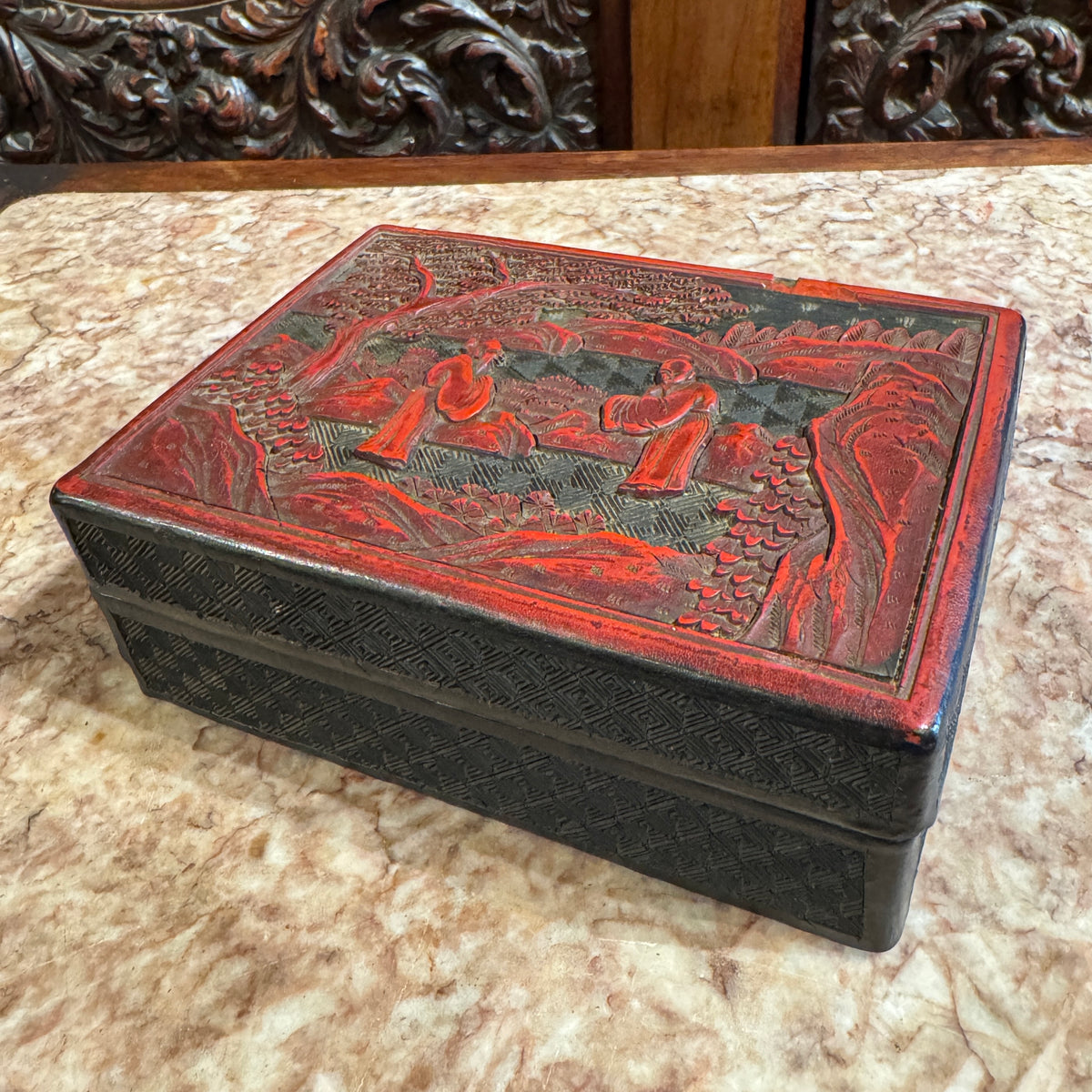 Antique Chinese Cinnabar Box With Scholar Scene