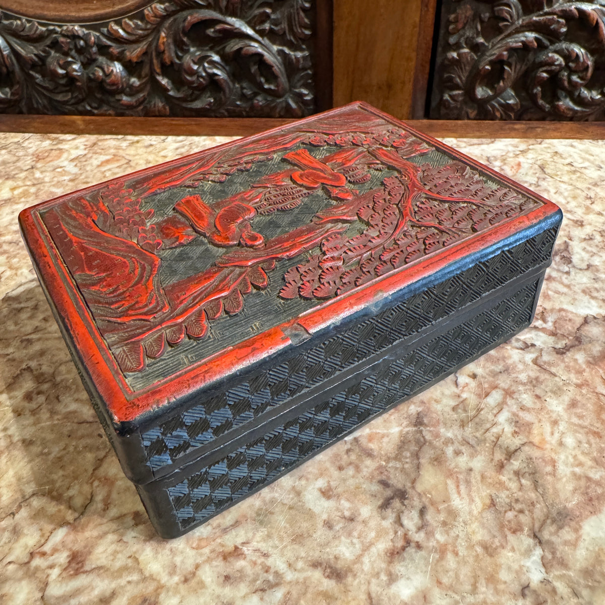 Antique Chinese Cinnabar Box With Scholar Scene