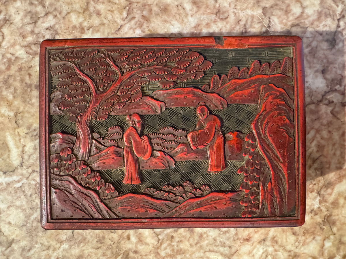 Antique Chinese Cinnabar Box With Scholar Scene