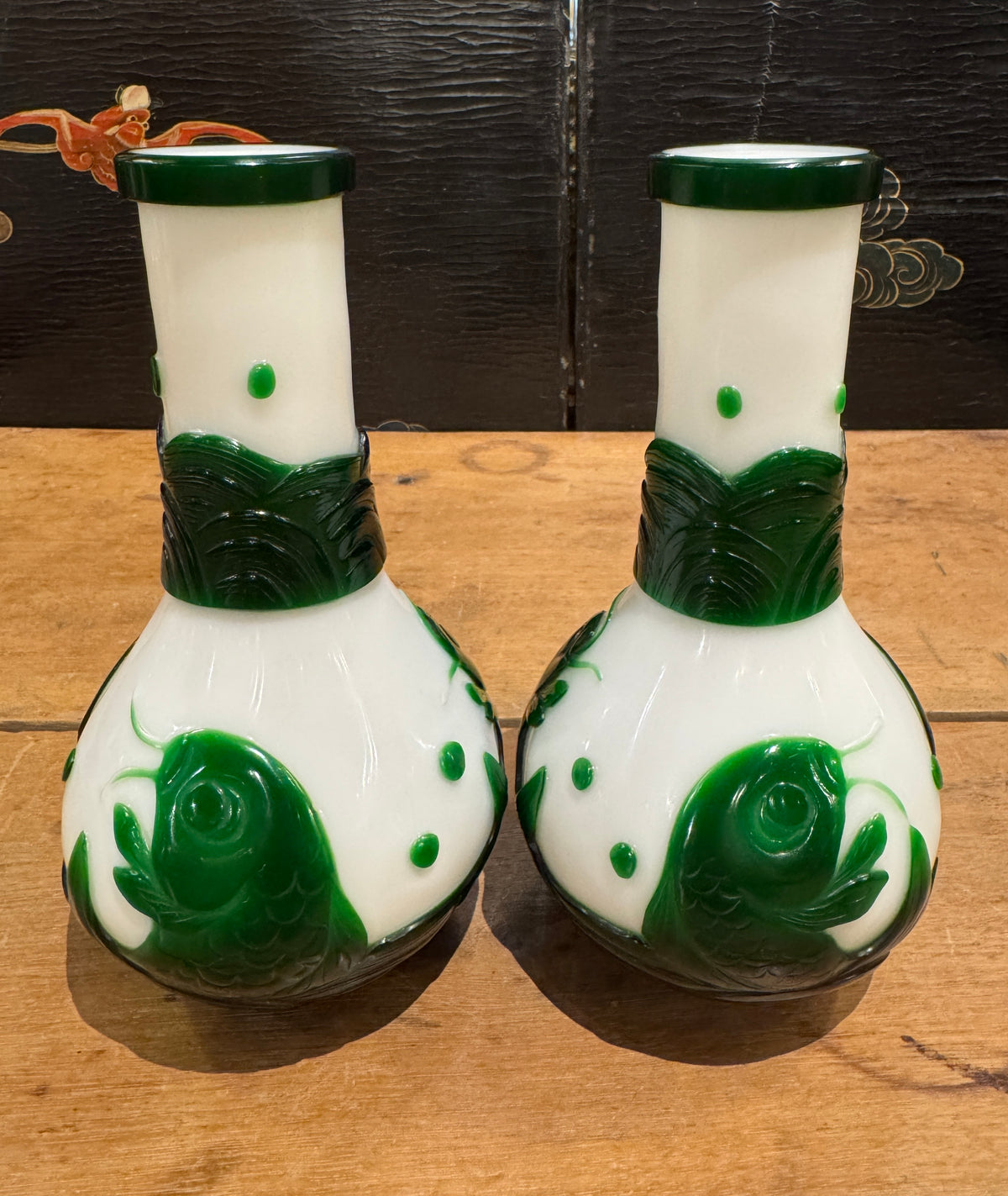 Pair of Peking Glass Green and White Vases With Fish