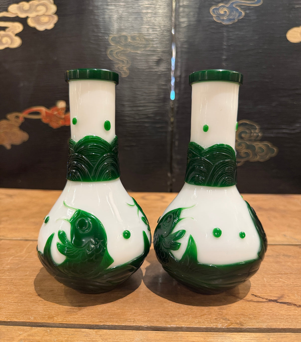 Pair of Peking Glass Green and White Vases With Fish