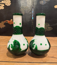 Pair of Peking Glass Green and White Vases With Fish