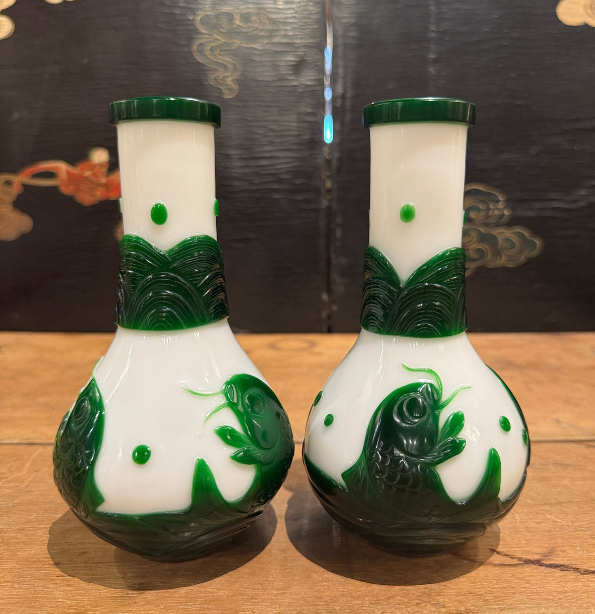 Pair of Peking Glass Green and White Vases With Fish