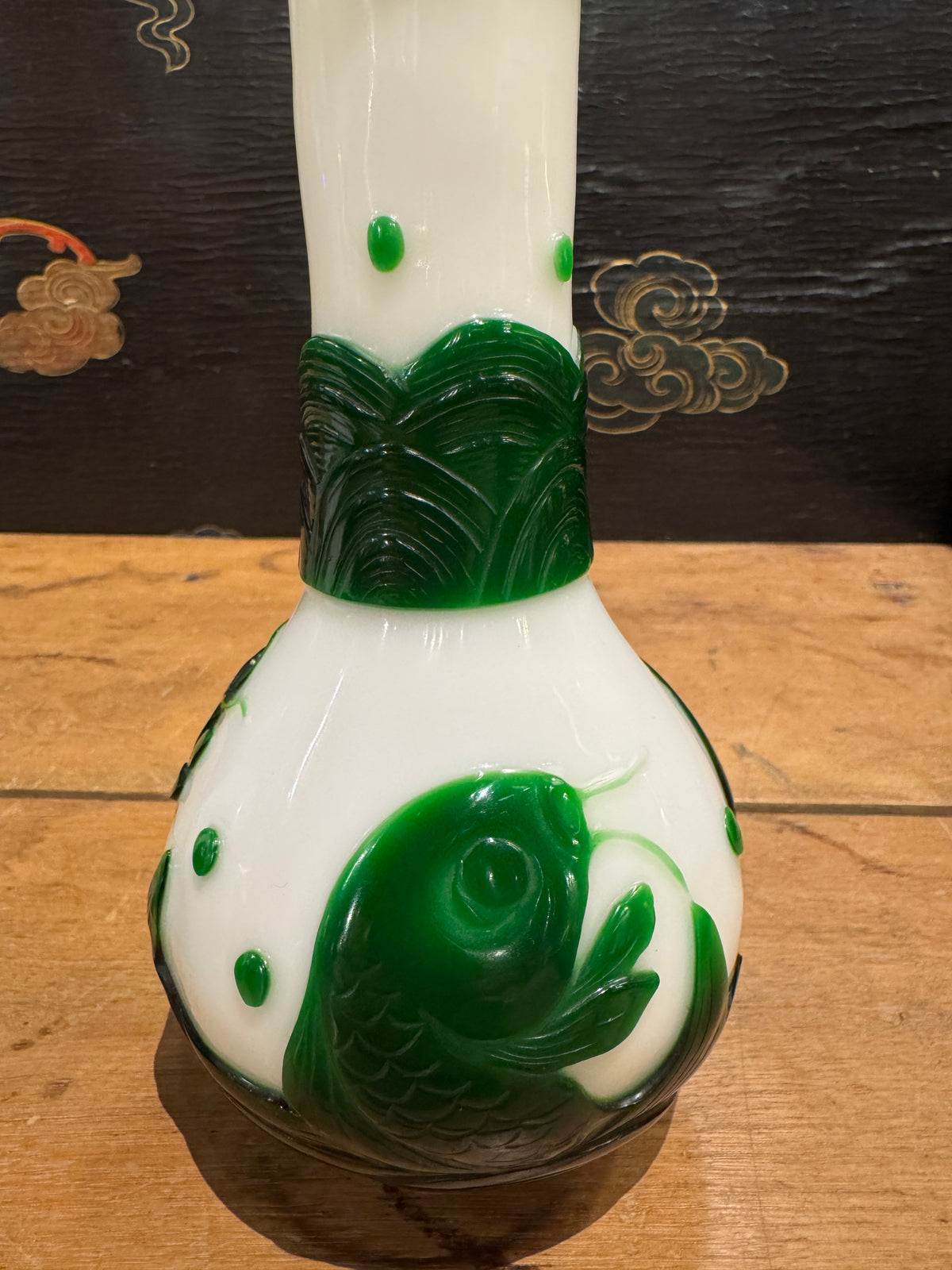 Pair of Peking Glass Green and White Vases With Fish
