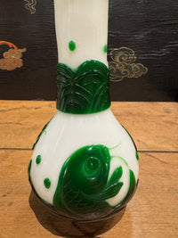Pair of Peking Glass Green and White Vases With Fish