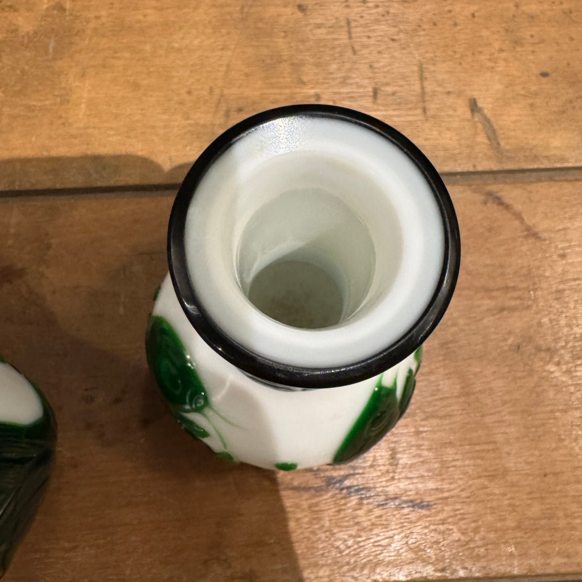Pair of Peking Glass Green and White Vases With Fish