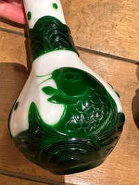 Pair of Peking Glass Green and White Vases With Fish