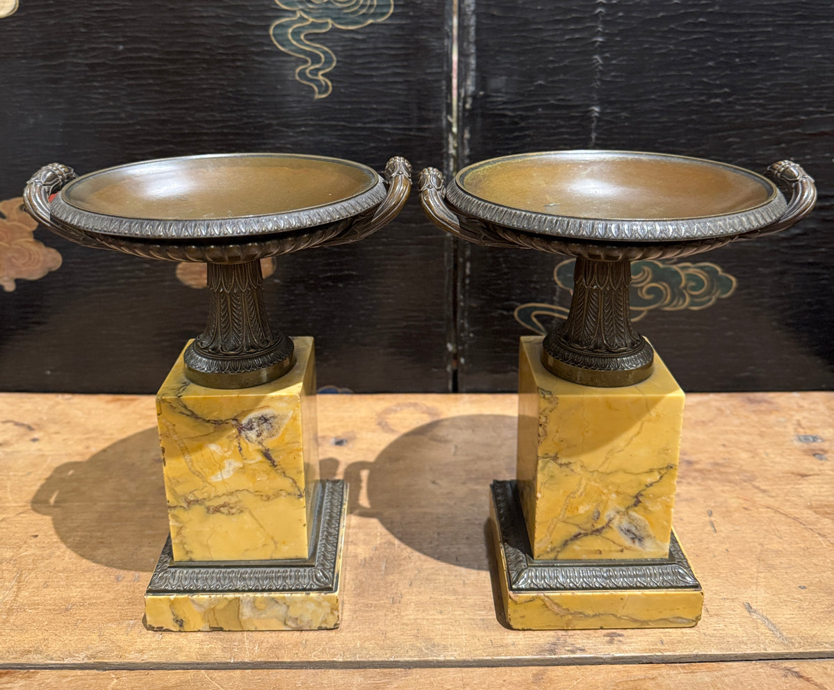 Pair of French Grand Tour Bronze and Marble Tazzas