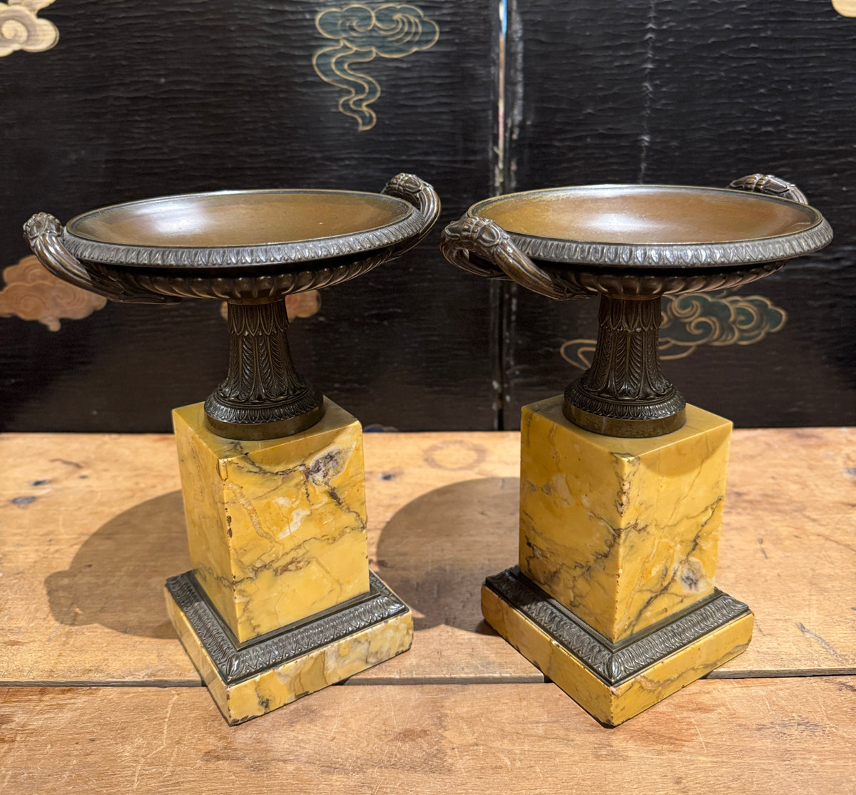 Pair of French Grand Tour Bronze and Marble Tazzas
