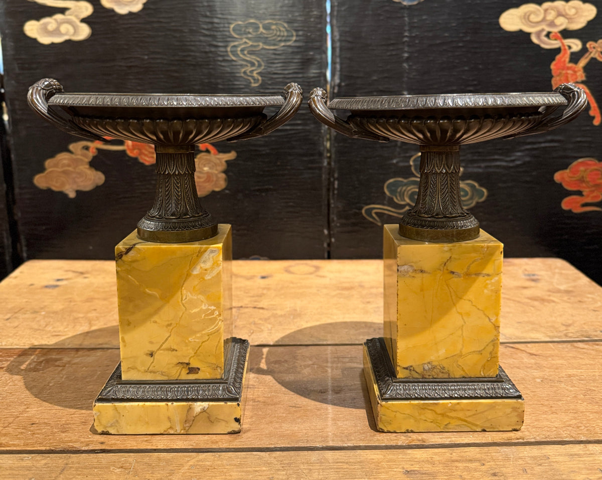 Pair of French Grand Tour Bronze and Marble Tazzas