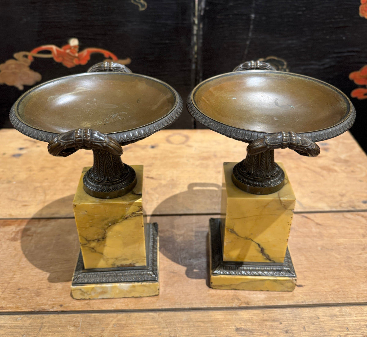 Pair of French Grand Tour Bronze and Marble Tazzas