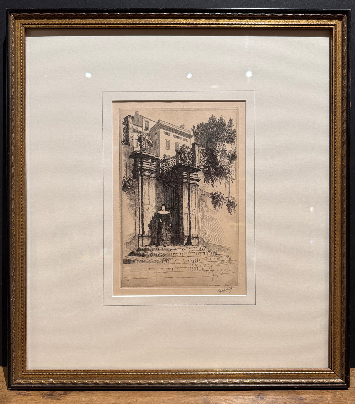 George Aid, "Woman At Gate," Framed Etching