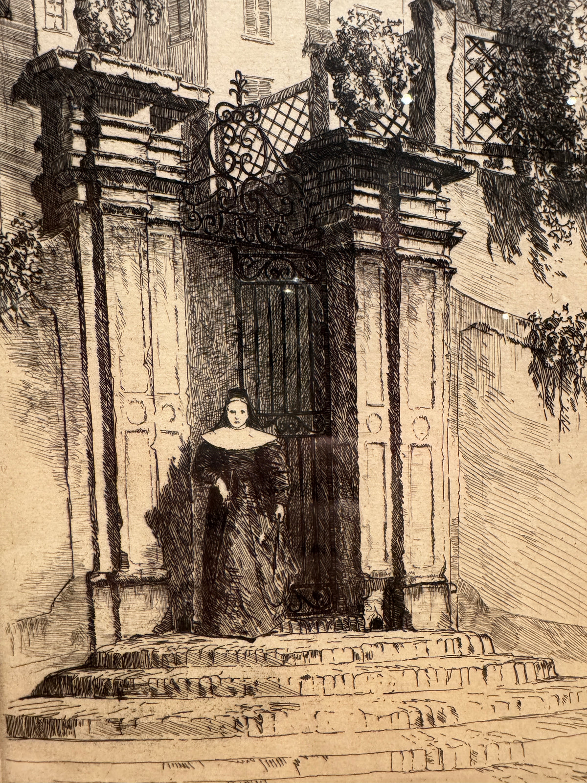 George Aid, "Woman At Gate," Framed Etching