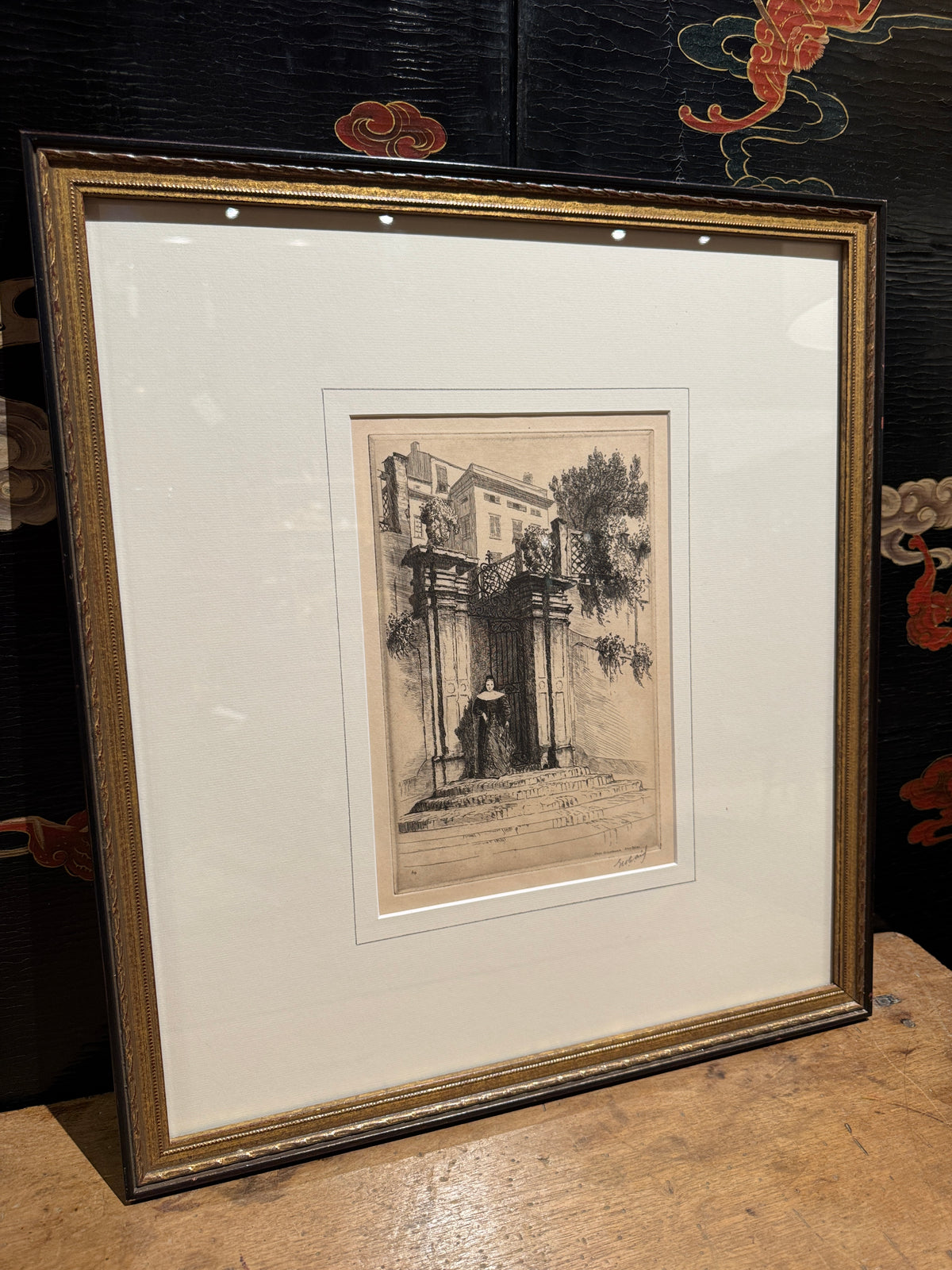 George Aid, "Woman At Gate," Framed Etching