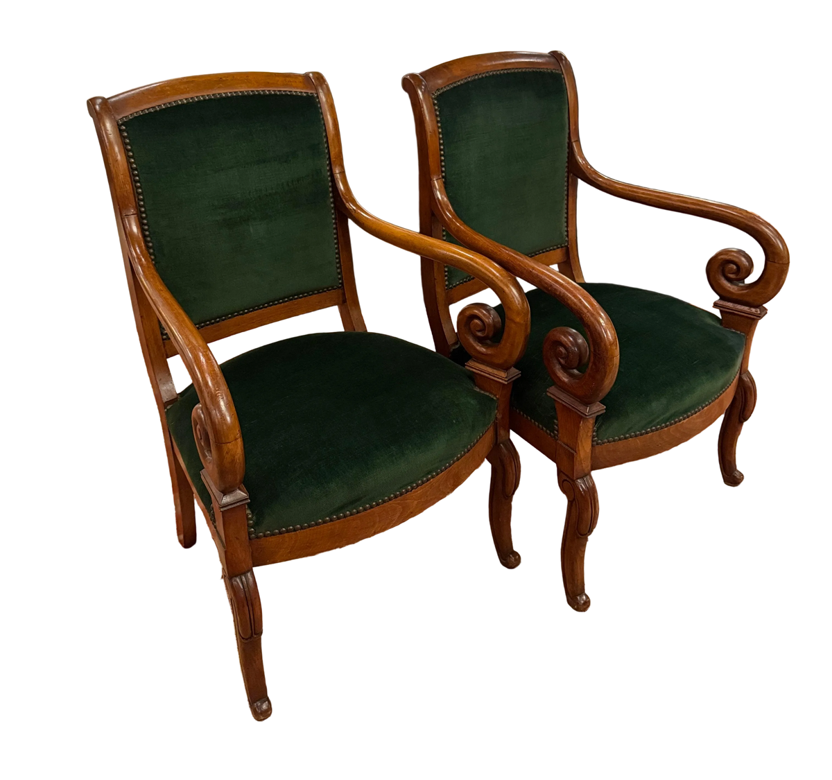 Pair of 19th Century Louis Philippe Green Velvet Fauteuil