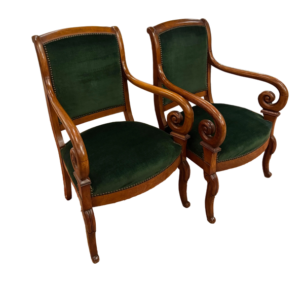 Pair of 19th Century Louis Philippe Green Velvet Fauteuil