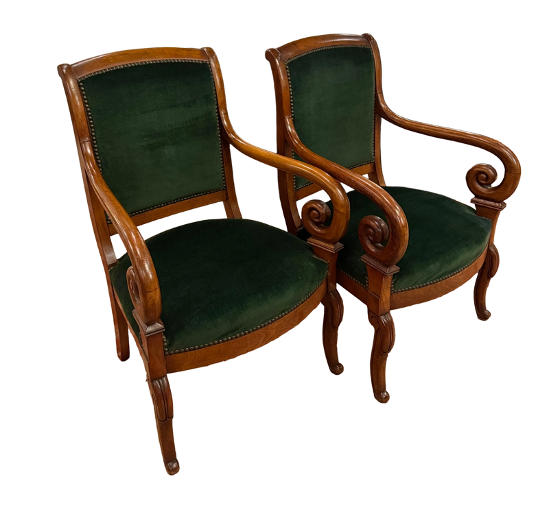 Pair of 19th Century Louis Philippe Green Velvet Fauteuil