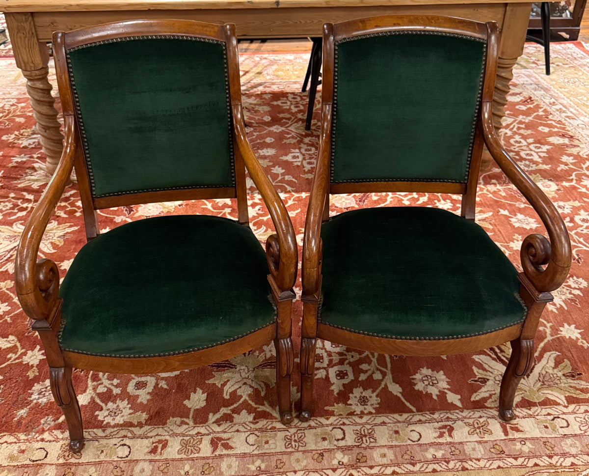 Pair of 19th Century Louis Philippe Green Velvet Fauteuil