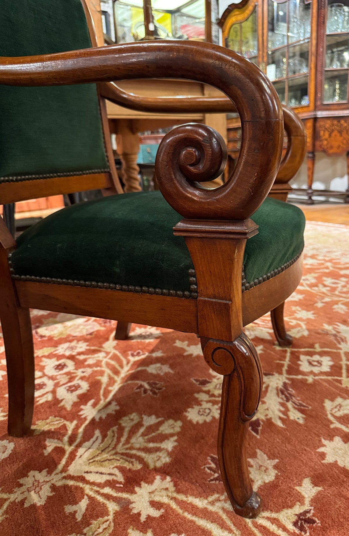 Pair of 19th Century Louis Philippe Green Velvet Fauteuil