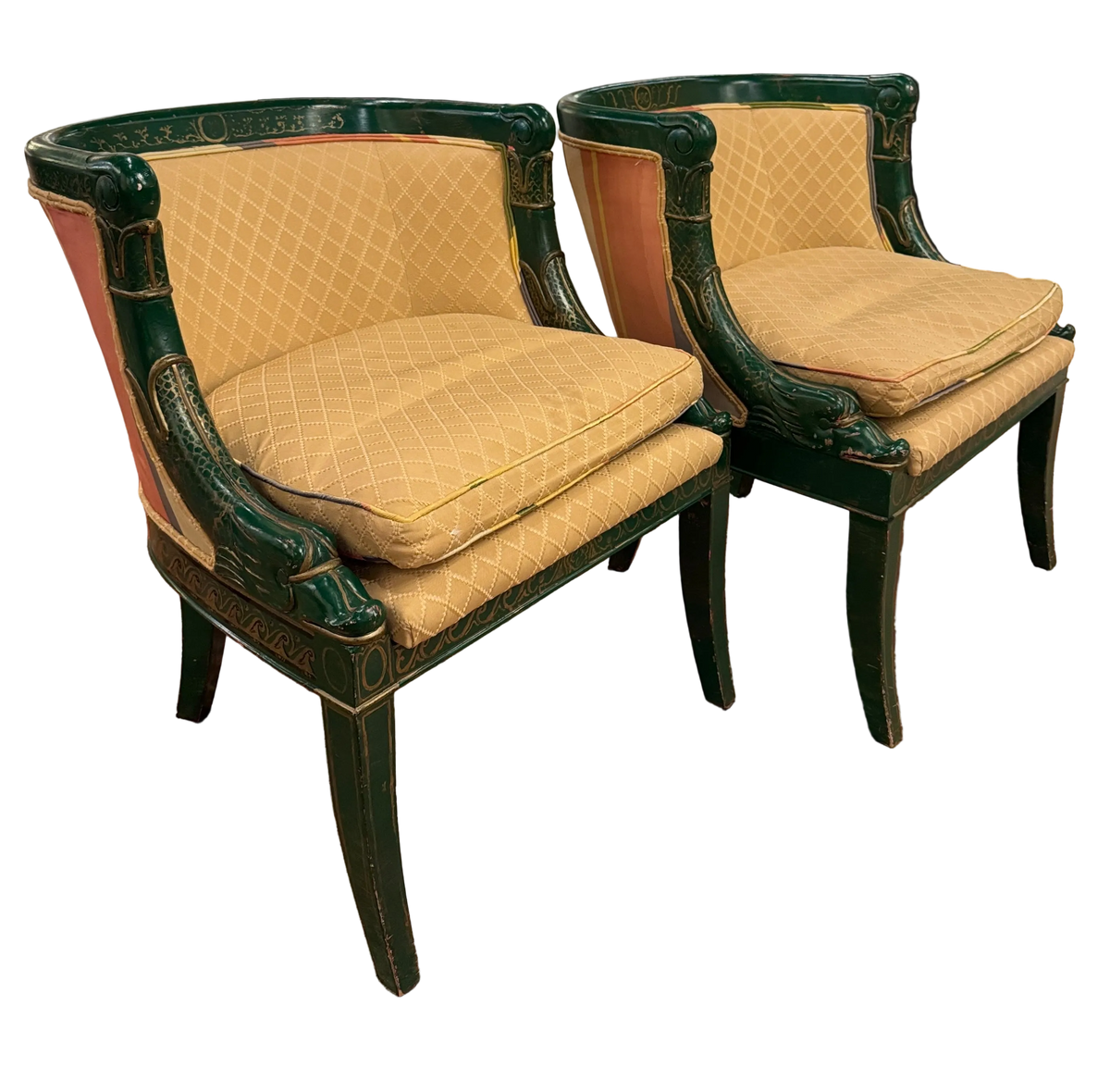 Pair of Hollywood Regency Style Green Painted Baker Chairs