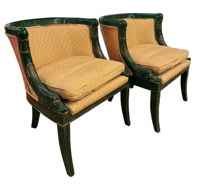 Pair of Hollywood Regency Style Green Painted Baker Chairs