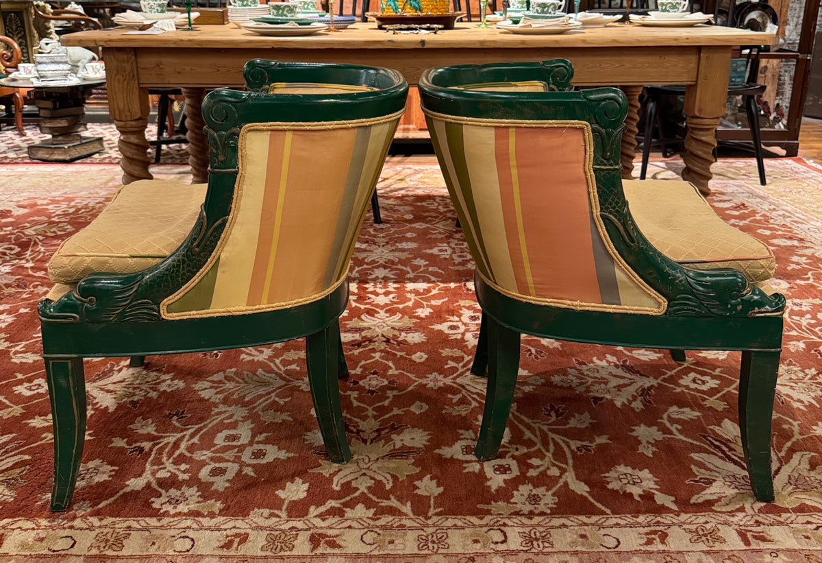 Pair of Hollywood Regency Style Green Painted Baker Chairs