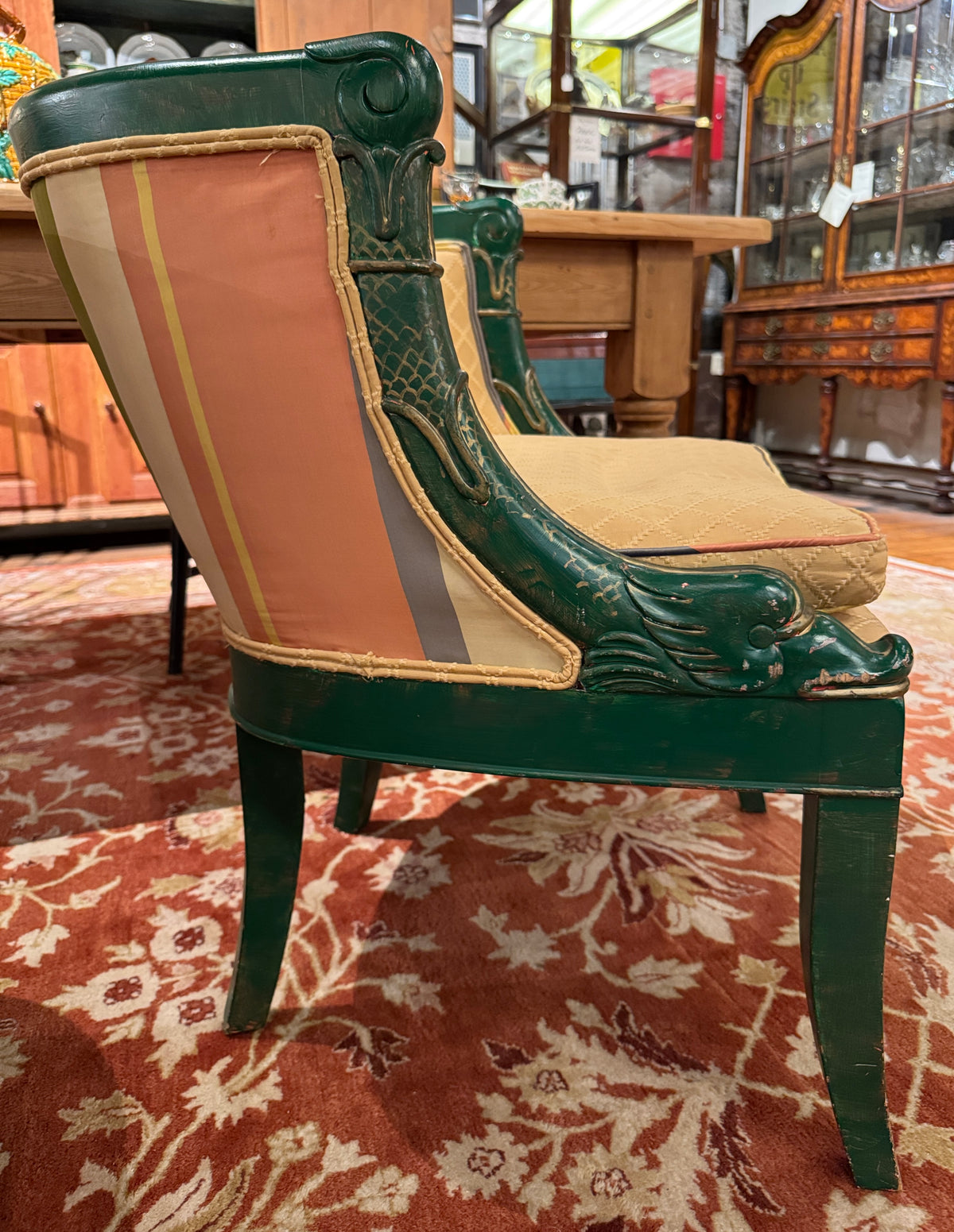 Pair of Hollywood Regency Style Green Painted Baker Chairs