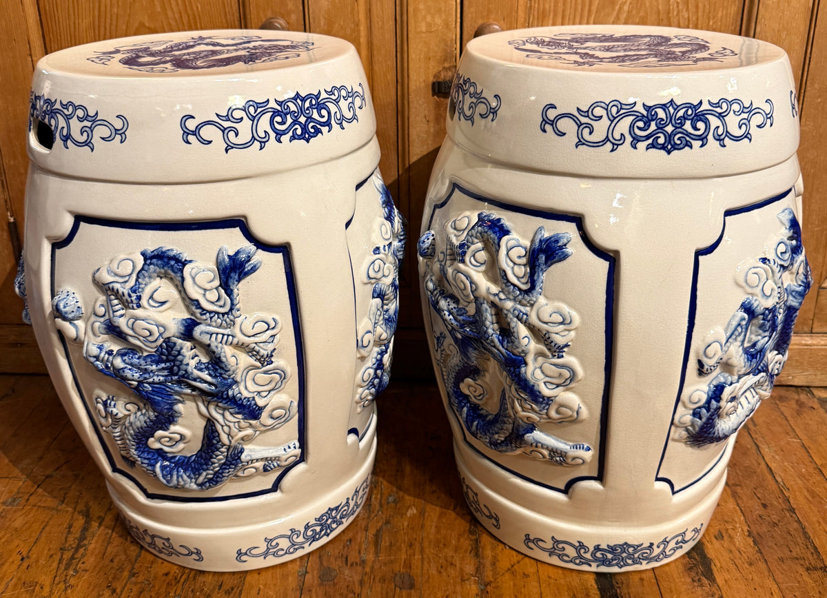 Pair of Vintage Blue and White Garden Stools